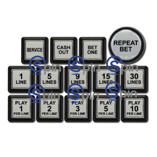 Picture of Button Set for IGT I Game Plus Upright w/ 19" Monitor. Set includes pushbuttons, LED bulbs and legend set with all possible play line combinations.