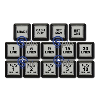 Picture of Button Set for IGT I Game Plus Upright/Slant w/ 17" Monitor. Set includes pushbuttons, LED bulbs and legend set with all possible play line combinations.