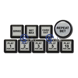 Picture of Button Set for IGT S AVP Upright. Set includes pushbuttons, LED bulbs and legend set with all possible play line combinations.