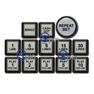 Picture of Button Set for Williams Bluebird 1 Upright/Slant w/ 19" Monitor. Set includes pushbuttons, LED bulbs and legend set with all possible play line combinations.