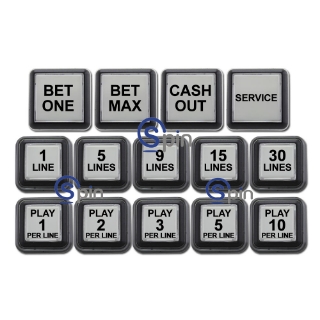 Picture of Button Set for IGT G20 Upright w/ 20" Monitor. Set includes pushbuttons, LED bulbs and legend set with all possible play line combinations.