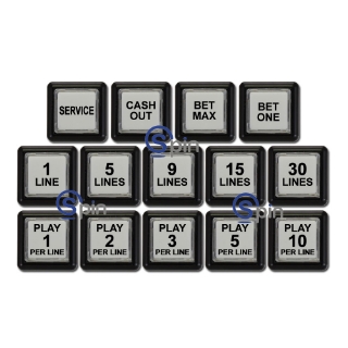 Picture of Button Set for IGT Trimline Upright w/ 19" Monitor. Set includes pushbuttons, LED bulbs and legend set with all possible play line combinations.